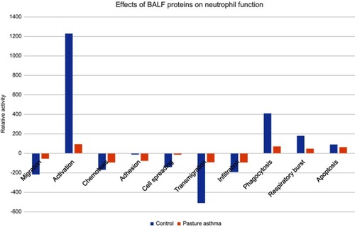 Figure 1 Cumulative effect of bronchoalveolar lavage fluid (BALF) proteins on neutrophil functions in asthmatic vs control horses. A total of 1,003 proteins were reviewed to identify their effects on ten neutrophil functions. Peer-reviewed manuscripts were read and actions involving ten neutrophil functions were scored for each protein as pro (+1), anti (−1), no effect (0), or no data. The contribution of each protein to each neutrophil function was calculated as the product of magnitude of expression multiplied by its effect (ie, −1, 0, +1), then these values were tabulated for category of neutrophil function. Bars represent the predicted net effect of BALF proteins on the respective neutrophil function.
