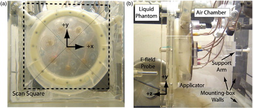 Figure 2. Images of the SA-812 antenna mounted in SAR measurement ‘scantank’: (a) Front view of x--y scan plane, (b) Side view showing E-field probe in liquid muscle tissue phantom and air backed applicator.
