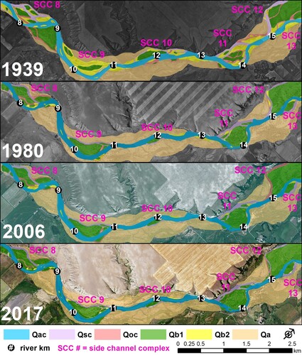 Figure 8. Example of geomorphic mapping near river-km 8 to 15 for 1939, 1980, 2006, and 2017. The side channel complex numbers associated with each side channel network are shown in pink. Restoration efforts to manually excavate the entrance to Cline’s channel occurred in 2012 (complex 12-channel 1, flowing north at river-km 15), converting it from an overflow channel to a side channel.