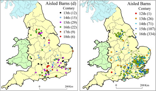 Figure 9. Dates for aisled barns:(a: left) tree-ring dated; (b: right) all dates up to 1600