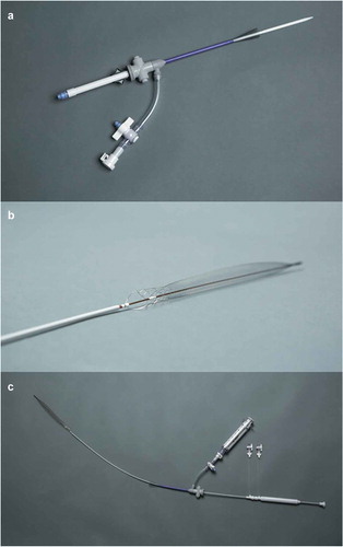 Figure 5. (a) FlowTriever sheath with self expanding mesh nitinool funnel and aspirationo stopcock. (b) The flowTriever catheter with proximal nitinol coring element and braided collection bag. (c) Full flowTriever system with catheter and sheath