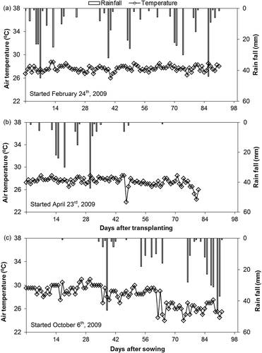 Figure 1 Meteorological data during the DS in (a) Jakenan, (b) Wedarijaksa and (c) during the RS in both sites.