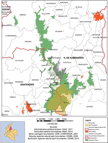 Figure 1. Santurban páramo, protected areas and mining titles.