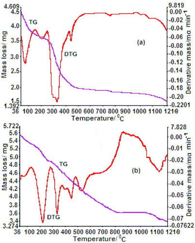 Figure 5 TG/DTG thermograph of chelate polymer compounds (a) Ni (II) and (b) Cu (II) at a heating rate of 10ºC min−1 in nitrogen atmosphere