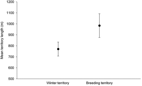 Figure 2. The mean winter and breeding territory lengths (± se) of pairs of Dippers which remained together throughout the study period.