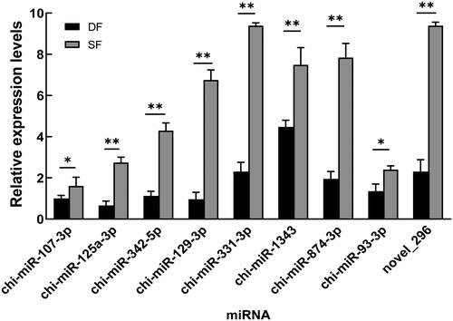 Figure 7. Relative expression of follicular development-related miRNAs in DF and SF granulosa cells of goats. Data is presented as the mean ± SEM (n = 3), * and ** indicate significant differences P < 0.05 and P < 0.01, respectively.