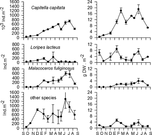 Figure 2. Seasonal abundance (left-hand graphs) and biomass data (right-hand graphs) of key species at the studied station (September 1987 to September 1988).
