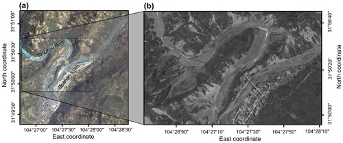 Figure 7. (a) Location of the study area. Image from Google Earth, taken at May 2001; (b) PAN SPOT5 image used for landslides detection. Image was taken at September 2008.