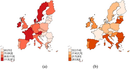 Figure 1. Labour productivity and poverty, in the EU-28, 2017: a – LP; b – POV.Source: authors’ processing in Stata based on data provided by the European Commission (Citation2019)