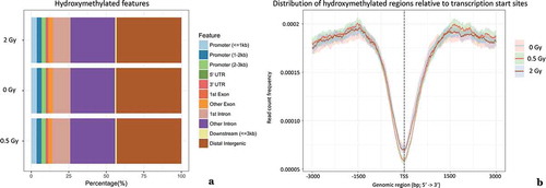 Figure 1. Relative distribution of 5-hmC peaks with respect to genomic features (a). Comparative visualization of the percentage of DNA hydroxymethylation peaks in irradiated (six hours after exposure to 0.5 Gy and 2 Gy) and non-irradiated samples. (b). Degree of DNA hydroxymethylation within 3 kb around transcription start sites (TSS) indicated by read count frequency. In close vicinity to TSS a low read count frequency of hydroxymethylated peaks could be found. 95% confidence interval is represented by opaque lines. Results for other time-points were similar (data not shown).