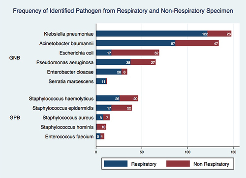 Figure 2 Distribution of identified pathogens from respiratory and non-respiratory specimen. X-axis shows the actual number of isolates identified and Y-axis shows the name of identified isolate, stratified by Gram-type bacteria.