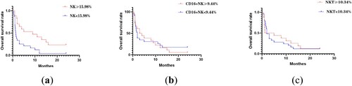 Figure 6. Survival curves of AML patients with different NK/NKT cell ratios.(a):NK cell;(b):CD16 + NKcell;(c):NKT cell.