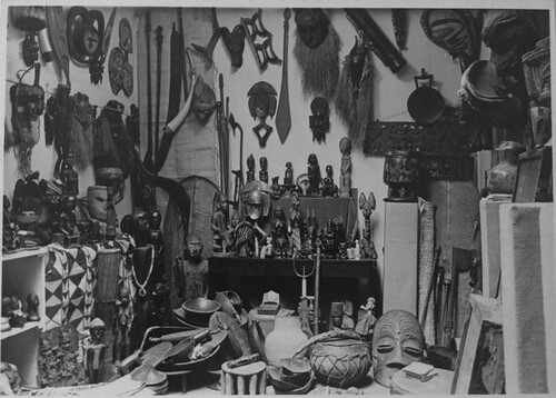 View of the storage area at the Berkeley Galleries, with African, Melanesian, and Polynesian art and artefacts, c 1942, Berkeley Galleries scrapbook, private collection, UK