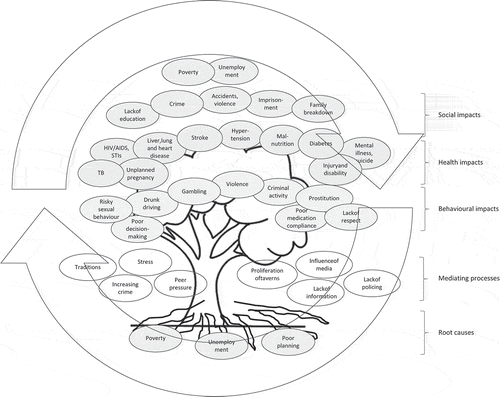 Figure 1. Problem tree developed by community stakeholders illustrating the non-linear, self-reciprocating relationships between causes and effects of AOD abuse