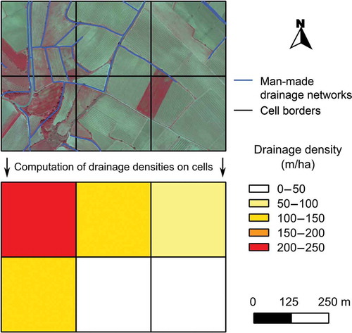 Figure 4. Example of the computation of the drainage density of six contrasted grid cells in the Peyne subcatchment at a resolution of 250 250 m.
