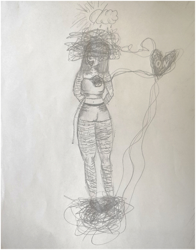 Figure 4. Female aged 15, hospitalized after attempted suicide three indicators of suicidality (shaded face/head, shaded feet, X on mouth), and 4 indicators of CSA (no eyes, no hands, doubled chin, belt/emphasized boundary between upper and lower body).