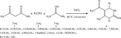 Scheme 1. Gallium (III) chloride-catalyzed one-pot synthesis of 3,4-dihydropyrimidinones for Biginelli reaction under solvent-free conditions.