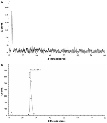 Figure 3 (A and B) X-ray diffraction (XRD) pattern of GO and rGO. In the XRD pattern of GO, the strong and sharp peak at 2θ = 11.7° corresponds to an interlayer distance of 7.6 Å (d002) (A). rGO shows two peaks: one small peak centered at 2θ = 11.7° and another broad peak at 2θ = 25.8°, corresponding to interlayer distances of 4.47 and 3.53 Å, respectively (B).Note: These XRD results are related to the exfoliation and reduction processes of GO and the processes of removing intercalated water molecules and the oxide groups.Abbreviations: GO, graphene oxide; rGO, reduced graphene oxide.