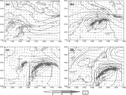 Fig. 10 Geopotential height perturbations (solid and dotted lines, units: m), horizontal wind perturbations (vector, units: m s−1) and vorticity of horizontal perturbation wind (shaded, units: 10−5 s−1) at 900 hPa associated with the IL [part (ii)], where thick broken rectangles represent KAs of the cyclone: (a) 0600 UTC 28 December 2004; (b) 1800 UTC 28 December 2004; (c) 1200 UTC 29 December 2004; and (d) 0000 UTC 30 December 2004.