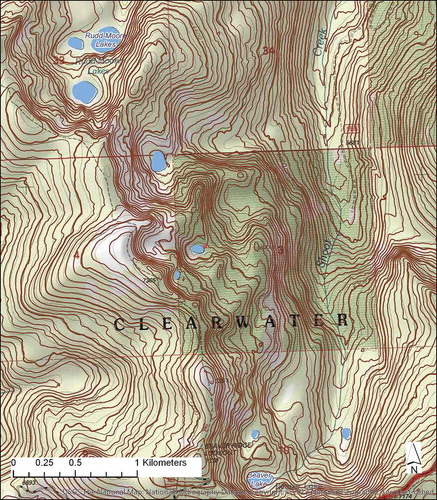 Figure 5. Contour water body treatment in the Rocky Mountain System, Ranger Peak quadrangle (lidar source data). Background imagery is the legacy 7.5’ topography. NHD high-resolution Water body treatment of simple structures is quite effective within the same quadrangle. US Topo and legacy contours differ quite obviously here.