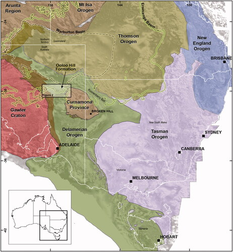 Figure 1. Location of the Ooloo Hill Formation with respect to the Tasman Orogen, Thomson Orogen and other orogenic and cratonic regions of southeast Australia. Also shown are outlines of the extent of the Warbuton Basin and Eromanga Basin, outlined so as to not obscure the underlying Proterozoic–Paleozoic regions. Note that the change in colour of Delamerian and Thomson orogens at their western margin shows regions of overlap with underlying Archean–Proterozoic basement. Insert shows location with respect to Australia. All province regions are from Geoscience Australia Australian Geological Provinces 2018.01 edition (Raymond, Citation2018). Base layer is Australian Total Magnetic Intensity grid from Geoscience Australia in black–white stretch (Minty & Poudjom Djomani, Citation2019).