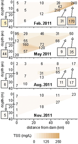 Figure 4 Contour plots of total suspended sediment (TSS, in mg/L) measured in Grand Lake during this study. Numbers indicate the measured concentrations on which the contours are based and the locations and depths at which those samples were collected. Other details are as in Figure 2.