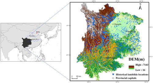 Figure 1. The location of the study area together with the spatial distribution of historical landslides.