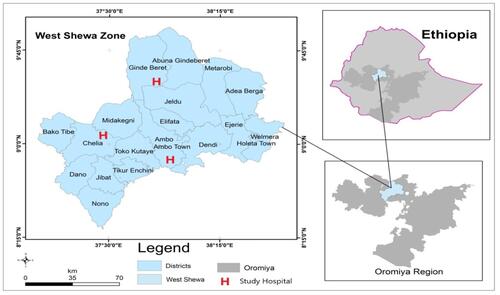 Figure 1 Geographical location of West Shewa zone in Ethiopia. West Shewa is located in the central part of Ethiopia and has a population of more than 2.5 million . It has six hospitals; however, we included the three hospitals shown on the image since they have been serving ART clinics for more than 4 years. The image was developed by corresponding author using QGIS.