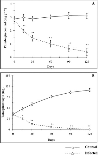 Figure 6. Effect of mite infestation on plumbagin content (mg g fw−1) (A) and total plumbagin (mg) in plants (B). Values are expressed as mean ± SD. *Values differ significantly (p < 0.05) from control. **Values differ significantly (p < 0.01) from control.