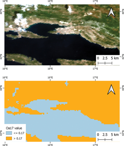 Figure 3. Cloud and land mask based on band Oa17 values for the area of the Kaštela Bay and Brač Channel (Croatian coast) on August 2, 2020.