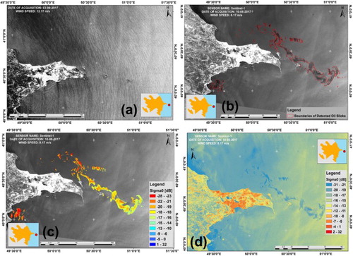 Figure 2. (a) Visible and (b) invisible oil slick because of wind speed; (c) radar backscattering of oil slicks and (d) backscattering of entire radar image (SENTINEL-1).