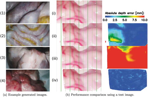 Figure 6. (a) Sample frames of our generated datasets including (1)-(2) training data from two different abdominal phantoms and testing data from an (3) ex vivo pig heart, and (4) ex vivo sheep brain. (b) Comparison example of the 3D reconstruction algorithms. (iv) is the left image from the stereo pair on which the ELAS algorithm had its best performance. (ii)-(iv) show the left-stereo images regenerated by using the disparity maps estimated with the supervised, unsupervised and ELAS algorithms, respectively. A colour map of the depth error is shown for each of the compared algorithms on the last column