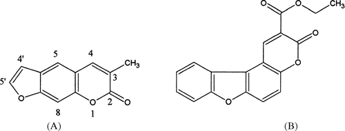 DIAG. 1. Representation of the typical psoralen (A) and psoralen A (3-ethoxy carbonyl-2H-benzofuro[3,2-f]-1-benzoyiran-2-one) (B).