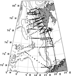 FIG. 1 Locations of the hydrographic measurement stations during the cruises of the r/v “Oceania” in the Norwegian and Greenland Seas in summer periods in 1995–2001.