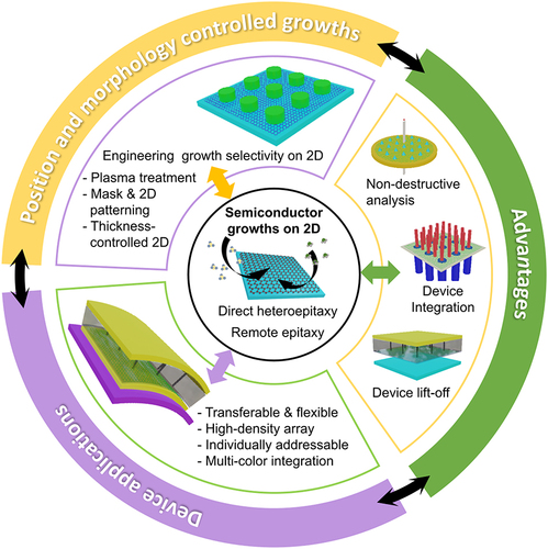 Figure 1. Summary of the key aspects of semiconductor/2D heterostructures in this review.