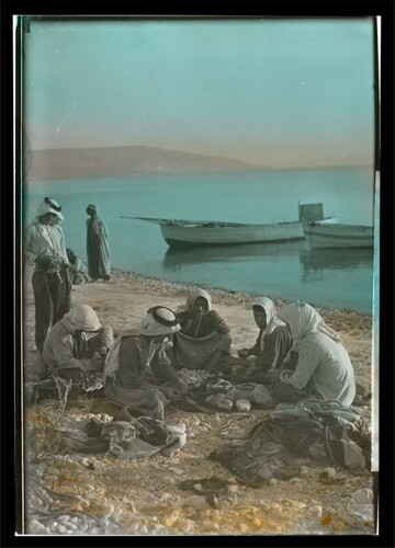 Figure 2. Galilee fishermen Between 1925 and 1946 transparency: safety film, with hand-colouring; 4 × 5 in. American Colony Photographic Department, LC-M343- 47013-x. Image courtesy of the Matson Collection, Library of Congress.