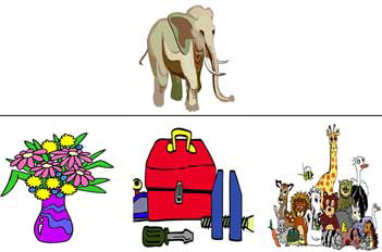 Figure 2. Example of an item on the Semantic Association Task (visuoperceptual form). Stimuli shown are colored drawings. In this example, participants had to pair the target (e.g., elephant) with his class membership (e.g., animals).