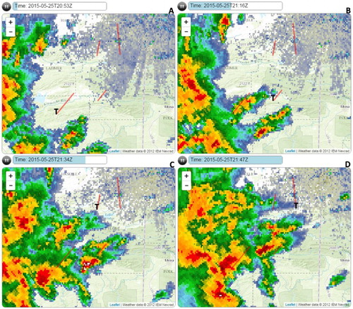 Figure 24. NEXRAD-based reflectivity corresponding to the seven tornadoes in cluster E. Panel A–D show the base reflectivity at 2053 UTC, 2116 UTC, 2134 UTC and 2147 UTC and corresponds to the EF2, EF1, EF1, EF2 tornadoes that began at 2052 UTC, 2117 UTC, 2134 UTC and 2148 UTC, respectively. The Ts denote the start locations of the tornadoes.