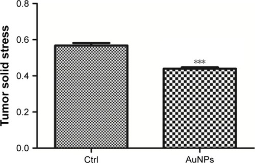 Figure 5 AuNPs reduced solid stress in SW620 tumor.Notes: An ex vivo technology was employed to evaluate tumor solid stress by detecting the degree of tumor tissue relaxation (tumor opening relative to tumor diameter) after a stress-releasing incision, with larger openings indicating higher stress. Through its antimatrix effects, AuNPs decreased solid stress in SW620 tumor (n=6, ***P=0.0002, Student’s t-test). Error bars indicate SEM.Abbreviations: AuNPs, gold nanoparticles; Ctrl, control; SEM, standard error of the mean.