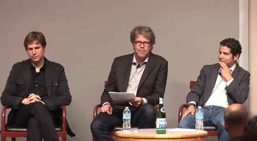 Figure 3. Daniel Kehlmann (left), Jonathan Franzen (centre) and Paul Reitter (right) on the podium at the Deutsches Haus. Image reproduced with kind permission, © Laia Cabrera & Co.