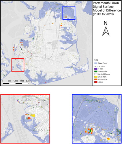 Figure 7. Portsmouth 2013 and 2020 LiDAR DSM comparison. Southwest and northwest Portsmouth extracts are inset (OpenStreetMap).