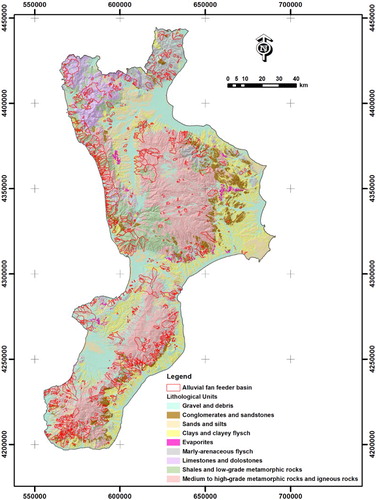 Figure 7. Main LU in Calabria and the feeder basins of the mapped alluvial fans.