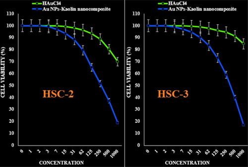 Figure 7. The anti-human oral squamous cell carcinoma properties (cell viability (%)) of HAuCl4 and Kaolin@extract/Au nanocomposite (concentrations of 0–1000 µg/mL) against HSC-2 and HSC-3 cell lines.