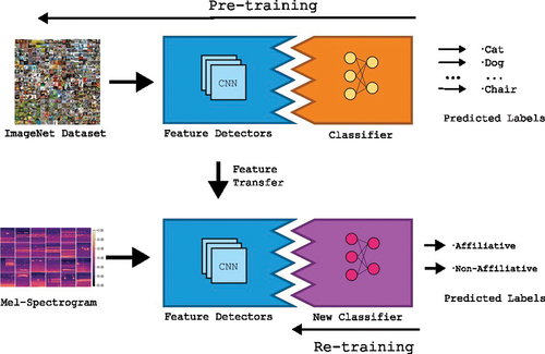 Figure 1. Proposed transfer learning scheme. Pre-trained feature detectors (Convolutional segments of a pre-trained network) are transferred to the new application, replacing the classifier segments with untrained densely connected layers. The new classifier is trained to identify the new labels, using learned features from the previous task.