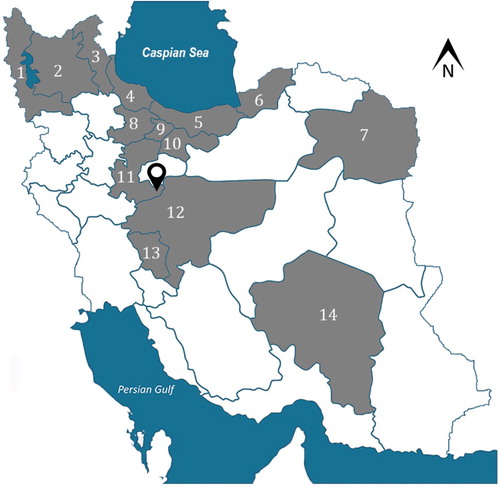 Figure 1. The samples were submitted from 14 provinces. The map shows the geographical locations of affected broiler flocks in different provinces (1. West Azerbaijan; 2. East Azerbaijan; 3. Ardabil; 4. Gilan; 5. Mazandaran; 6. Golestan; 7. Razavi Khorasan; 8. Qazvin; 9. Alborz; 10. Tehran; 11. Markazi; 12. Isfahan; 13. Charharmahal and Bakhtiari 14. Kerman). Ardehal village, where the new ARV was detected in a broiler flock for the first time, is indicated by pin drop icon. The broiler flock was the progeny of a broiler breeder flock located in Golestan (No. 6). Approximately, 50% of broiler breeder farms are located around the Caspian Sea in the north of Iran and their progenies may be transported to other provinces.