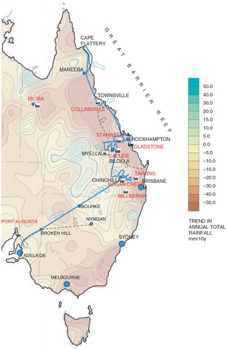 Fig. 1 Map of Eastern Australia showing the airborne (blue) flight patterns and ground vehicle-based measurements (brown, dotted). Coal-fired power stations are marked with a symbol and red text, the daily flight sections and airfields are identified by black text. The arrows show the main wind direction during the survey days. Background colour contours show the decadal trend of rainfall between 1970 and 2010, brown decreasing, green increasing annual rainfall (data provided by the Australian Bureau of Meteorology).