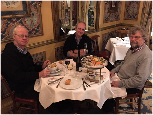 Figure 4. Bill Morgan with Dominique Laurier and Bernd Grosche at a dinner held at Le Procope, following the meeting of the Organization for Economic Co-operation and Development/Nuclear Energy Agency/Committee on Radiation Protection and Public Heath/the Expert Group on Radiological Protection Science (OECD/NEA/CRPPH/EGRPS). Photo taken in Paris, France, on 12 November 2014 by Nobuyuki Hamada.