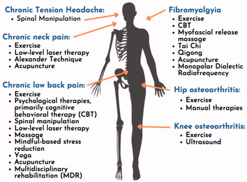 Figure 1. Interventions with evidence of benefit for selected chronic pain conditions [Citation6]. Adapted from the authors’ public domain document “Opioids and Chronic Pain: A guide for primary care clinicians”, San Francisco Department of Public Health, accessed at www.ciaosf.org on 30 November 2021.