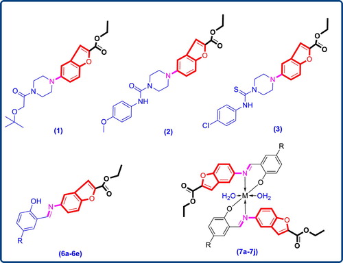 Figure 1. Previously reported antibacterial agents and newly synthesized compounds (6a–6e and 7a–7j) with benzofuran core.