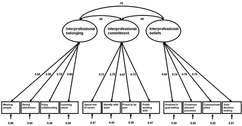 Figure 7. Three-factor model of the Extended Professional Identity Scale (EPIS) with standardized path coefficients.